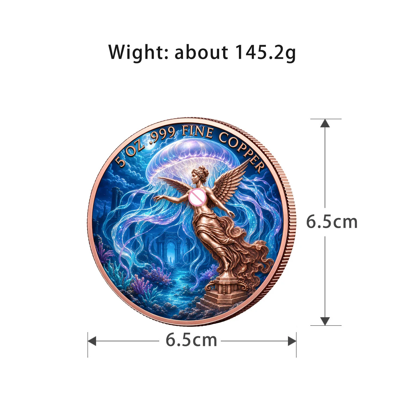 5oz .999 Fine Copper Round Angel Independence Jellyfish Moon Ocean Coral Atlantis Mexico Eagle Serpent Colorized Desk Decor Gift