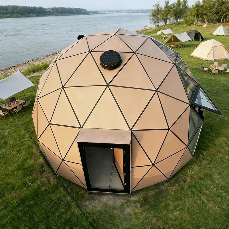 

6M Glamping Geodesic Wooden Glass Dome Tent Cabin House for Resort with Durable Aluminum Alloy Structure