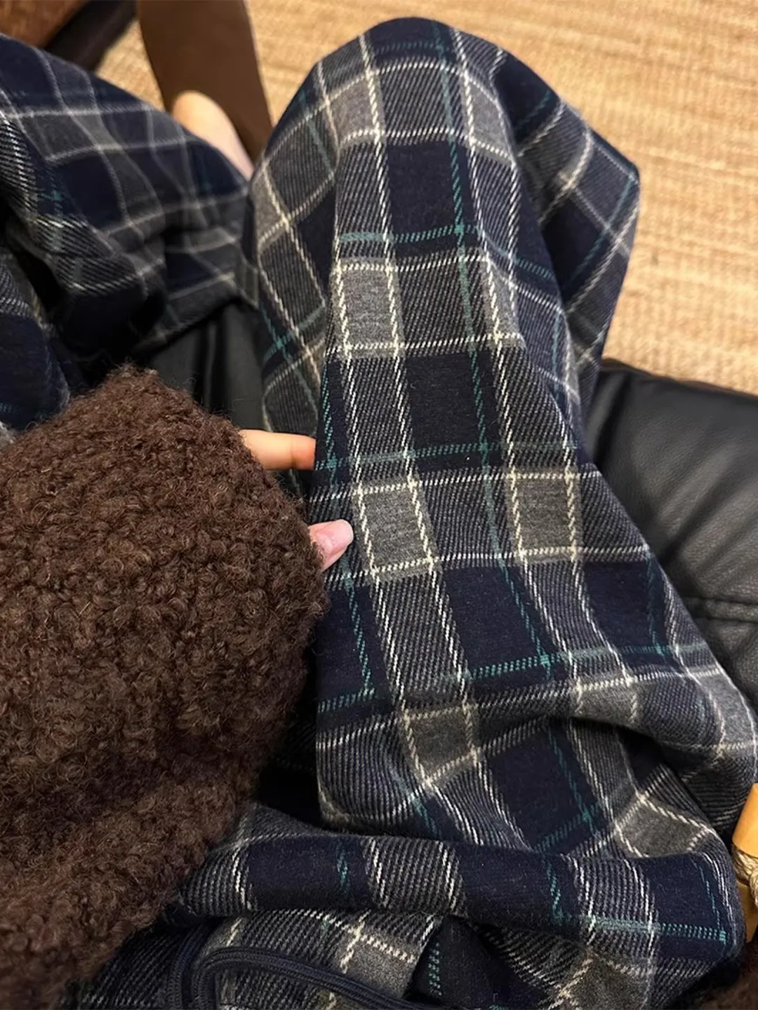 

Ретро-твидовые флисовые брюки в клетку для женщин: прямые, с высокой талией, повседневные, широкие, осенне-зимние, удобные и мягкие