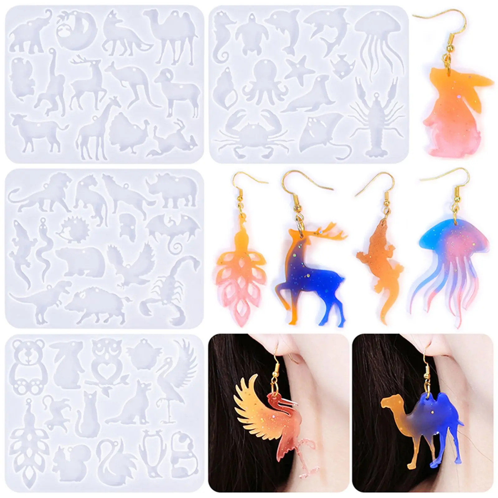 Marine Animal Insects Earring Crystal Mirror Epoxy Resin Silicone Mold Elephant Monkey Deer Shape Mold Necklace Keychain Pendant