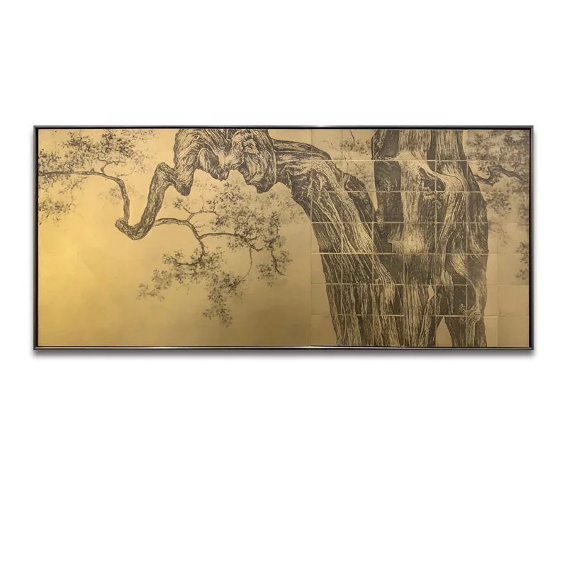 Art antique tree wall painting hotel wall painting interior home decoration painting patchwork copper plate metal frame
