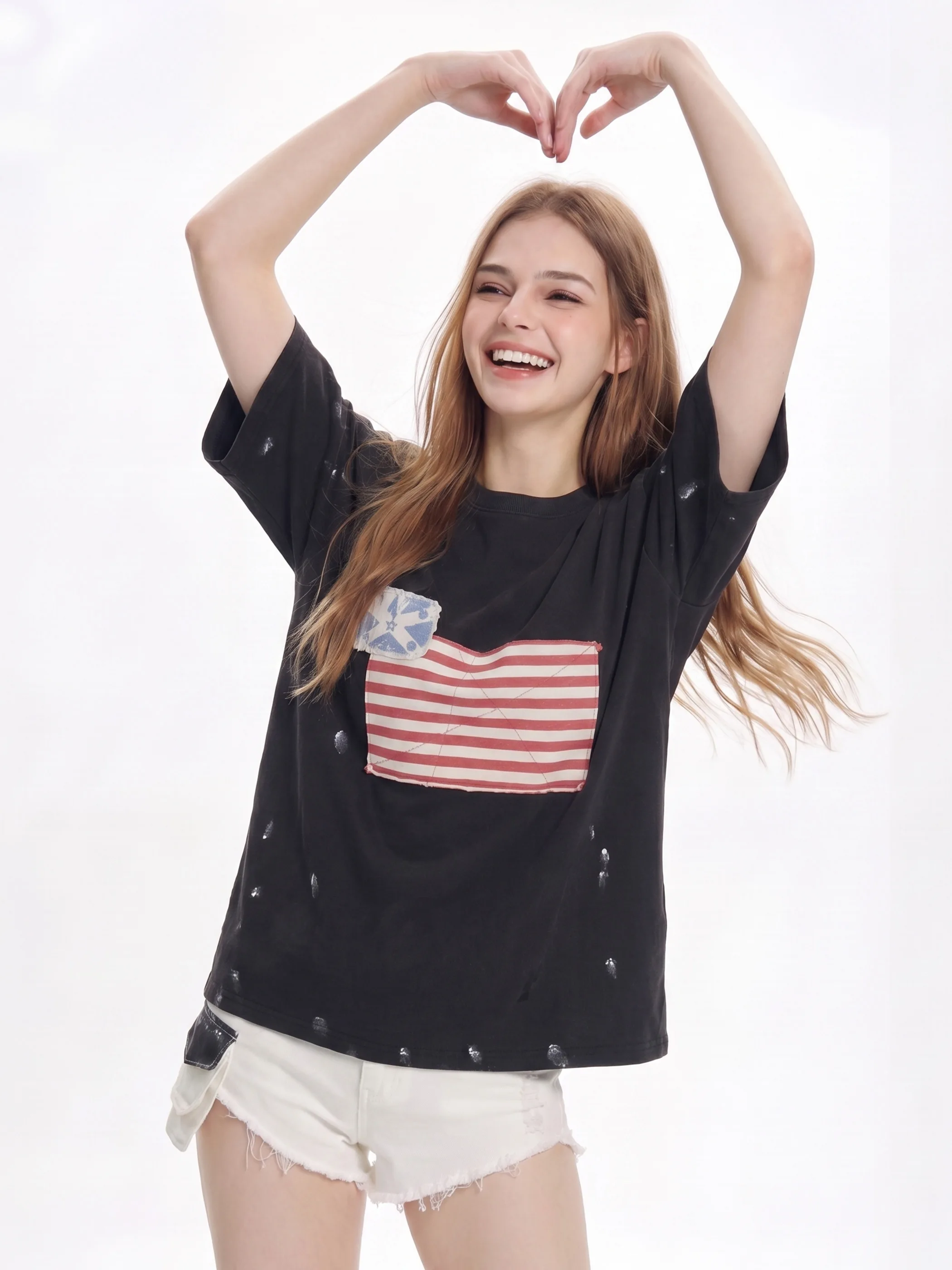 

Washed Vintage American Flag Print Short Sleeve Loose Fit Street Style T-Shirt for Women Summer Casual Breathable Cotton Top