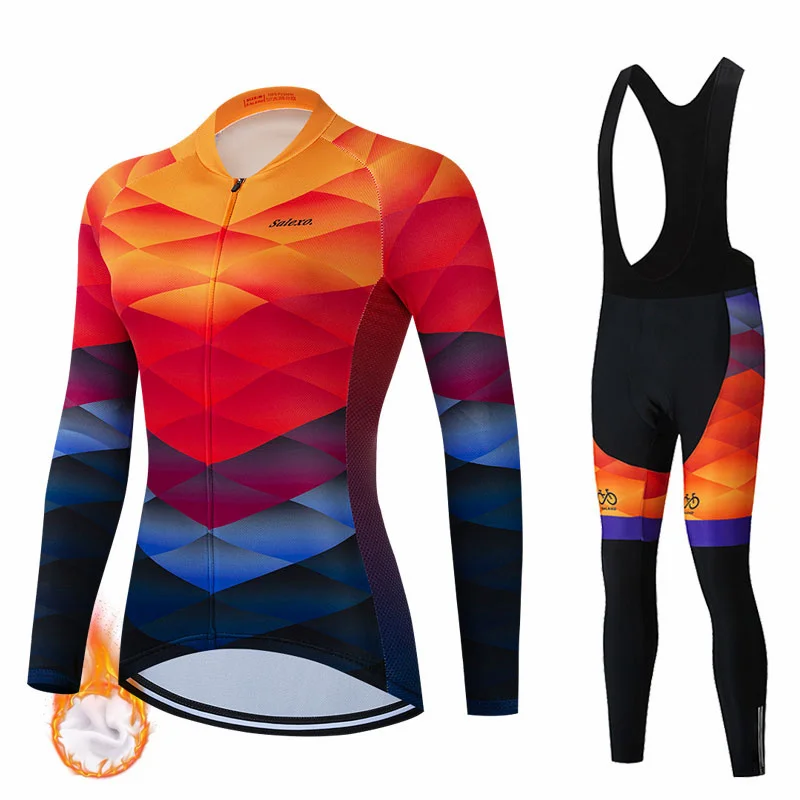 2023 Women Winter Thermal Fleece Sport Cycling Jersey MTB Bicycle Clothing Warm Long Sleeve Triathlon Mountain Bike Bib Pant Set