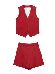HH 2024 Women Fashion Red Vest Shorts Sets Single Breasted V Neck Vests Tops Zipper Fly Pant Woman Summer Casual Solid Suit