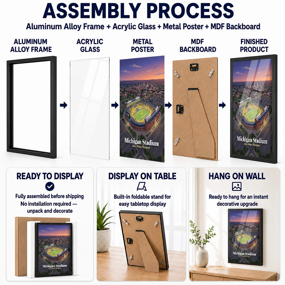 Michigan Stadium View Metal Poster With Aluminum Alloy Frame Personalized Aerial Wall Art For Sports Lounge And Team Locker Room