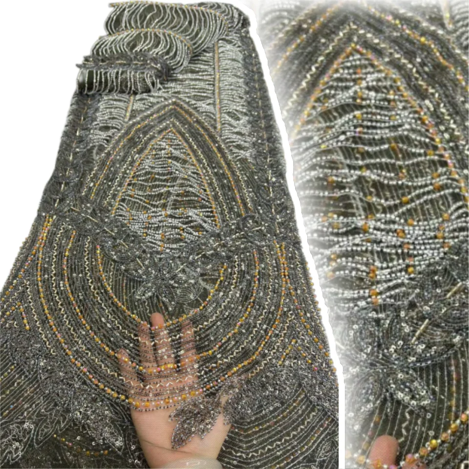 Elegant 2026 African Gold French Lace Fabric Handmade Beads Mesh with Sequins for Wedding Party Sewing European Embroidery 3388