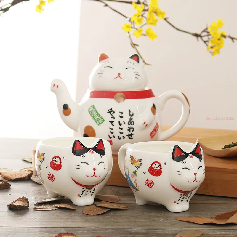 Cute Japanese Lucky Porcelain Tea Set Maneki Neko Ceramic Cup Kettle with Strainer Office Teapot Water Mug