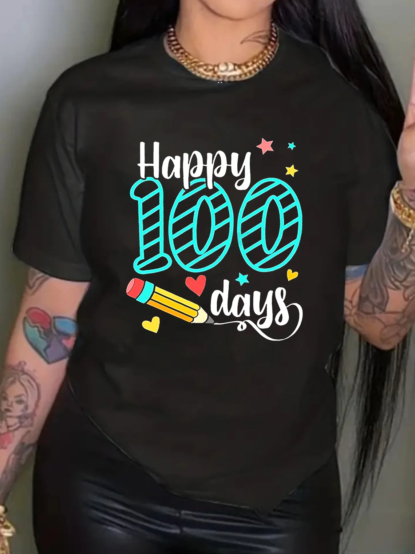 

Happy 100 Days School Letter Printed T-shirt Short Sleeves 2024 New Hot Selling Top