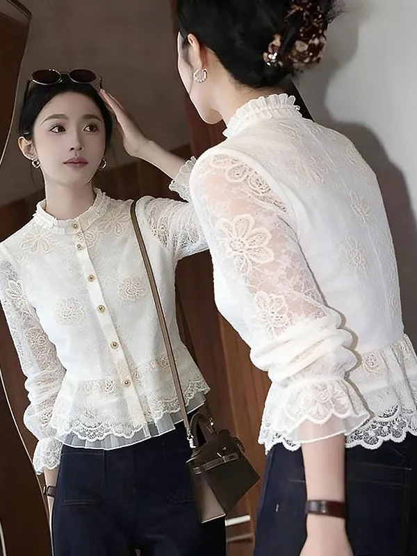Elegant Lace Embroidery Long Sleeve Women's Shirt Romantic Style Spring New Fashionable Collar Button up Korean Straight Cut