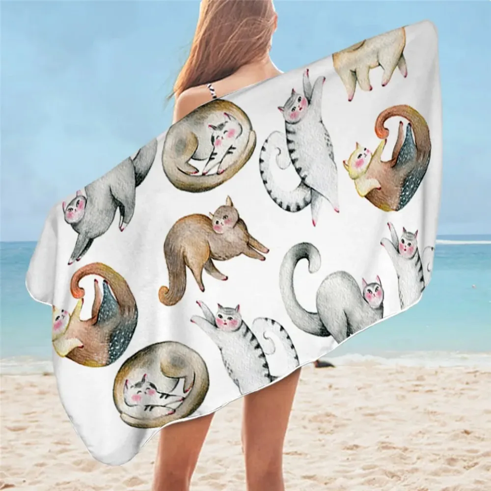 Customize BeddingOutlet Cartoon Cat Towel Bathroom for Kids Cute Animal Beach Towel Black White Microfiber Blanket Watercolor Pe