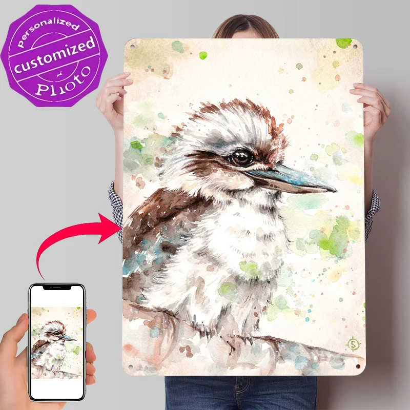 'A Kookaburra's Gaze' Water Colour Art Poster Retro 3D Printed Metal Signs Customized Wall Hanging Gift for House Wand Deko Home