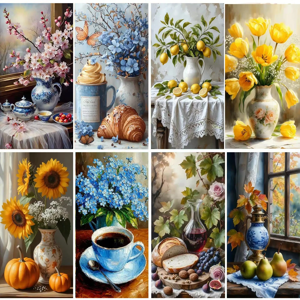 

Colorful Flowers Vase Still Life Diy Diamond Painting Jewelry Cross Stitch Diamond Art Bread Fruits Coffee Mosaic Home Decor
