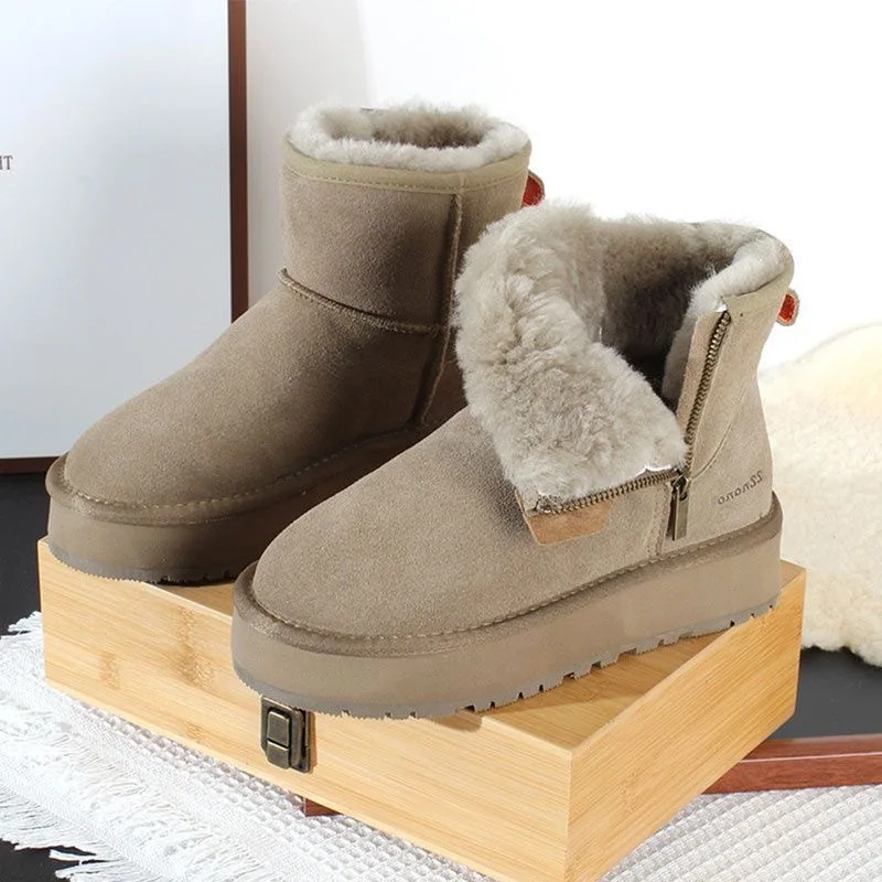 Thick soled snow boots, women's fur integrated new style, thick soled side zipper short boots with thick cotton shoes and plush