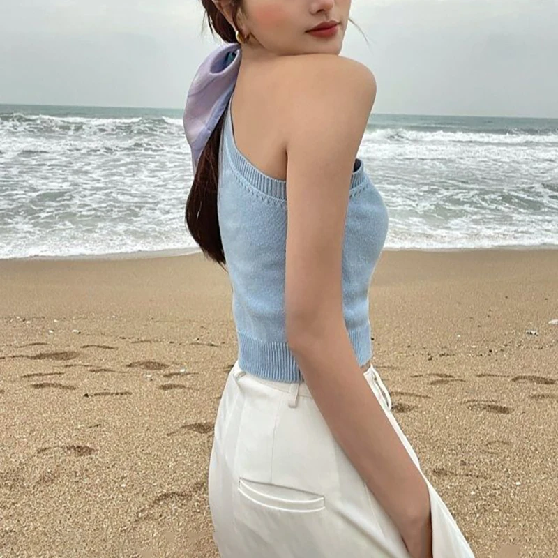 Summer Women's Irregular Knitted Vest Spicy Girl Style Solid Color Sleeveless Off Shoulder Top Fashion Casual Streetwear