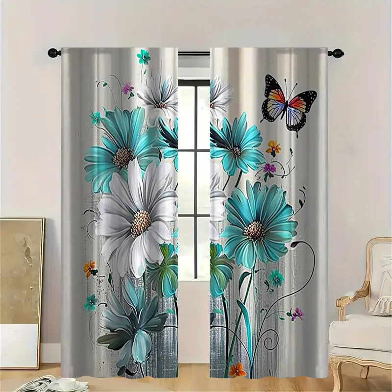 

3D Butterfly Flower Printed Curtains for Living Room Decoration Thermal Insulated window Treatment Blackout Panels White / Blue