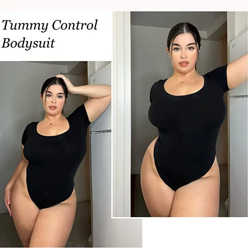 Summer Sexy Short Sleeve Ribbed Square Neck Thong Bodysuits Women Seamless Shaperwear Tummy Control Body Shapers Belly Sculpting