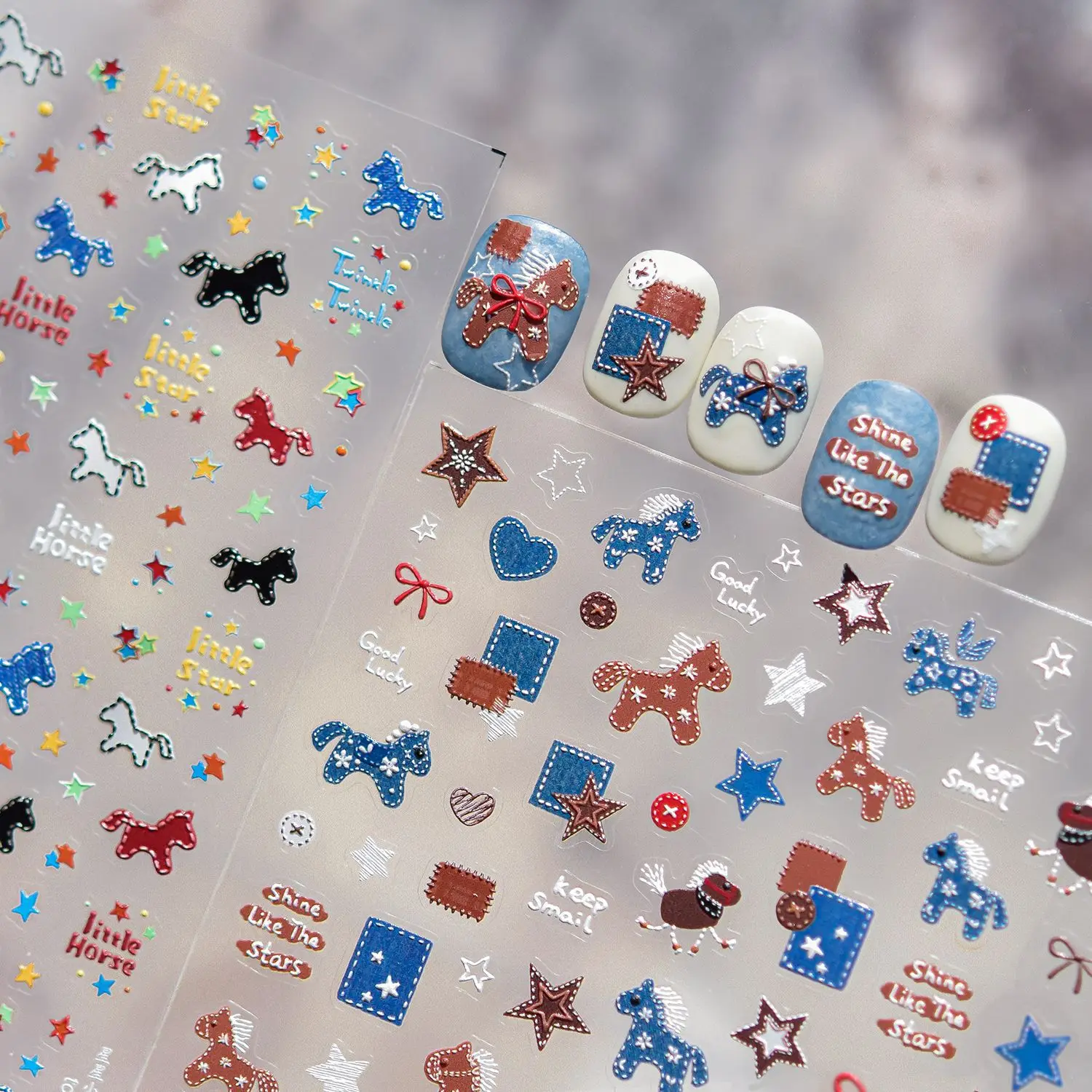 Retro Denim Pony Horse Patchwork Pentagram Button Love Heart Star Bowknot Graffiti Adhesive Nail Tips Art Sticker Manicure Decal