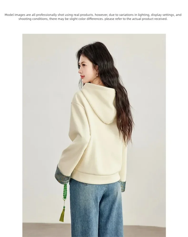 VIMLY New Chinese Style Hooded Sweatshirt Fall Winter Color Contrast Frog Button Fleece Lined Thickened Pullover Ladies A7683