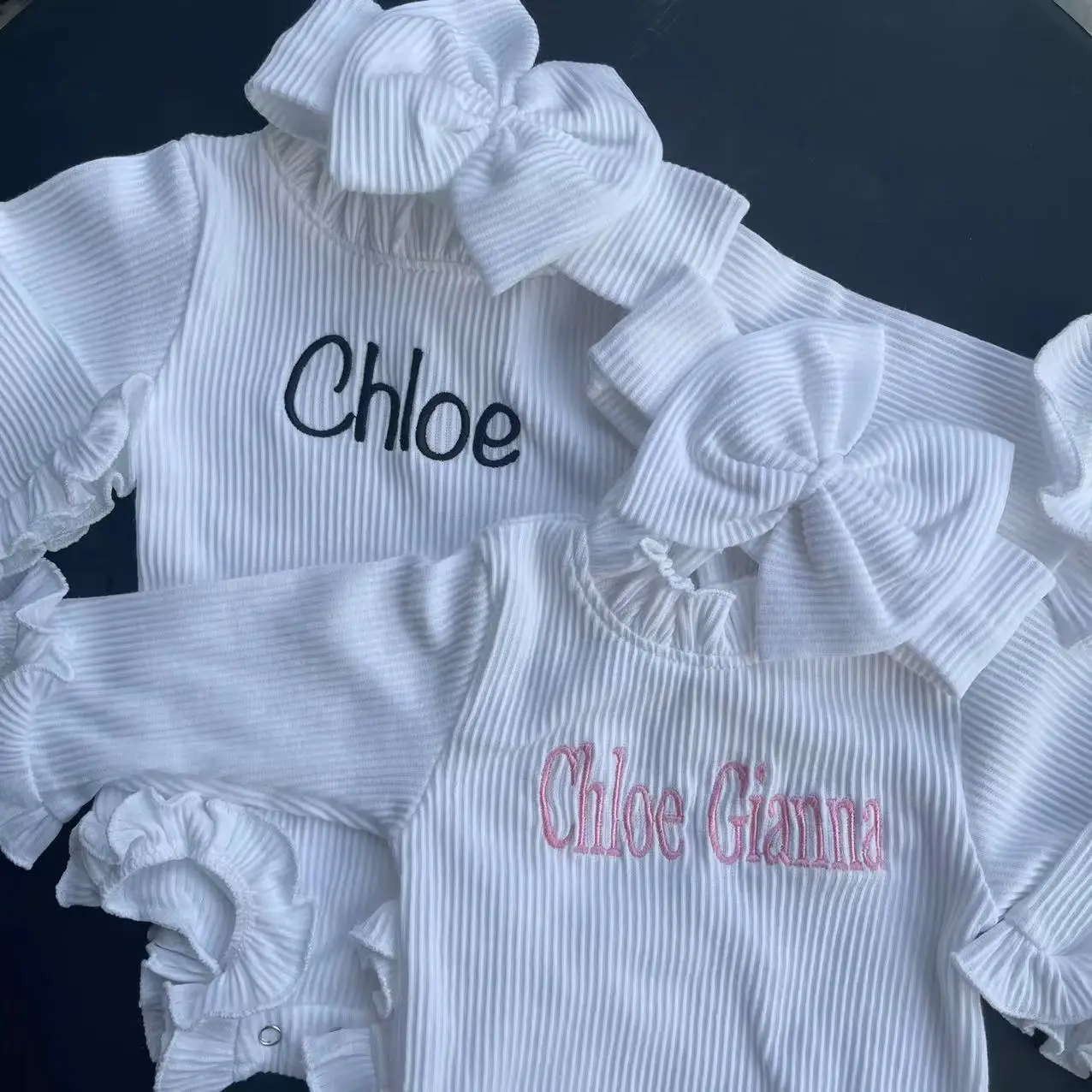 New Embroidered Baby Autumn Pit Stripe Climbing Clothes with Headband Set,Personalized Customized Girl Baby Bodysuit