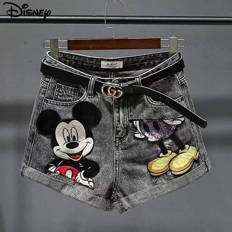 Disney-Top de algodón con cremallera para mujer, bordado de Mickey Mouse, Flash Irregular grande, cintura alta, corto, novedad de verano