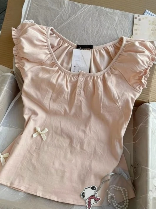 

Y2k футболки с короткими рукавами и v-образным вырезом, женские милые футболки с высокой талией в стиле ретро, винтажные топы с милым бантом Kawaii, модные летние новинки 2023 г.