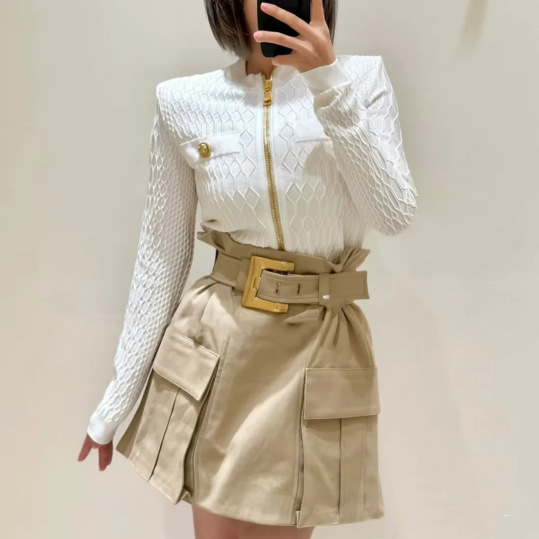 ハイエンドバージョン パリ風ラグジュアリー 幾何学模様 ゴールドブルー ジッパー付き ニット ラウンドネック オープンカーディガン レディース ファッション アウターウェア