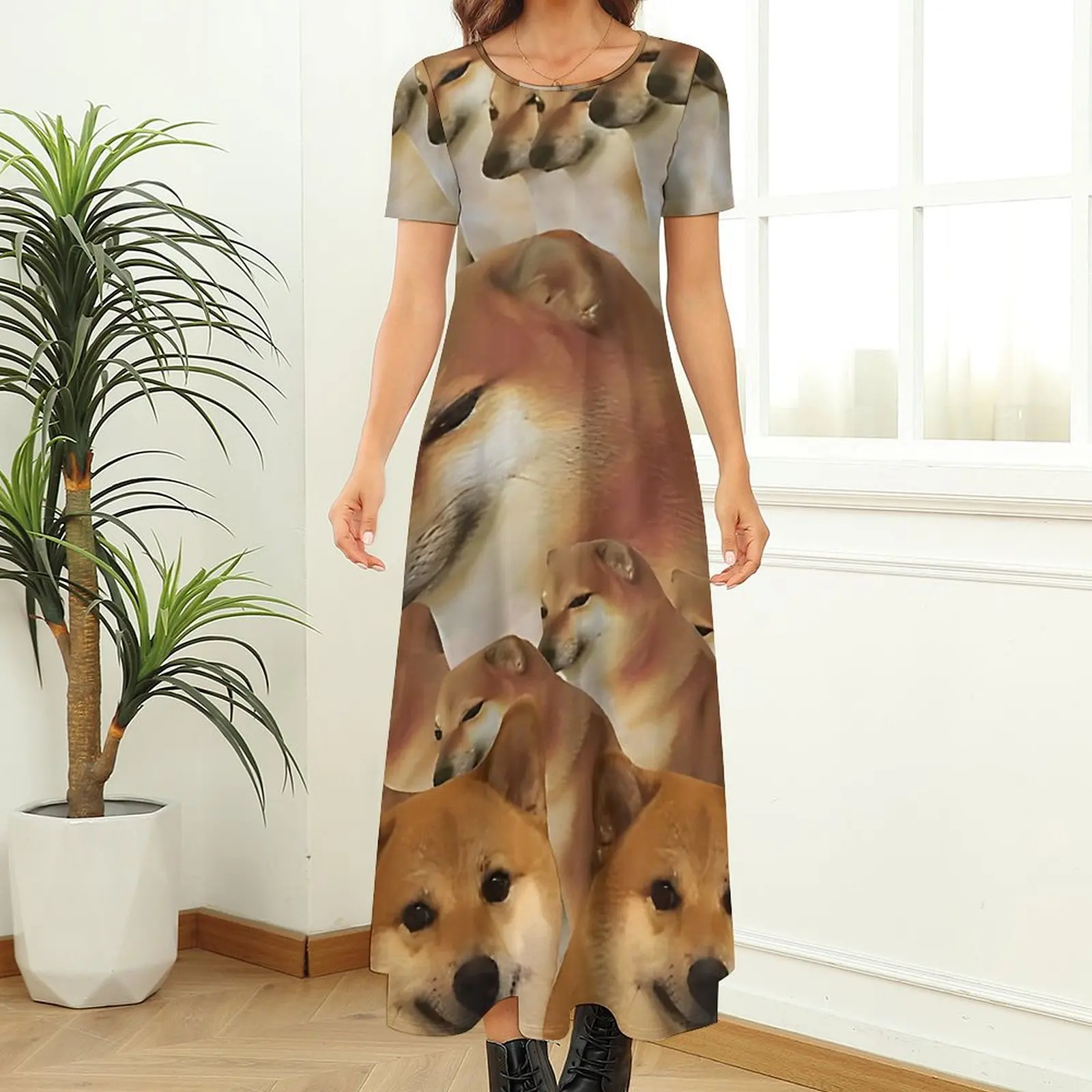 Shiba Memes Dress Funny Dog Print Vintage Maxi Dress Aesthetic Bohemia Long Dresses Female Short Sleeve Oversized Clothing