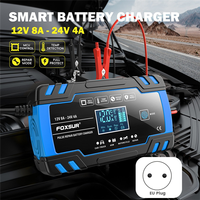 Foxsur Motorcycle Car Battery Charger 12V 8A 24V 4A Automatic Pulse Repair LCD Smart Car Battery Repair Charger Durable -EU Plug