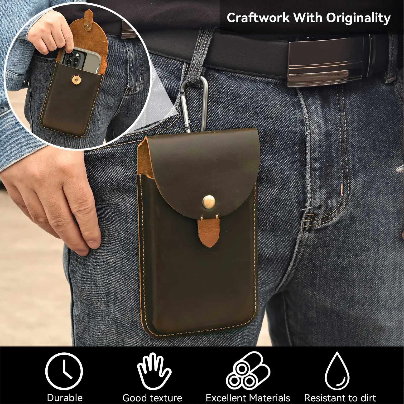 RIYAO Large Mobile Phone Bag Waist Belt Pouch Genuine Leather Cell Phone Holster Case For Samsung S23 Iphone 15 Pro Xiaomi 14