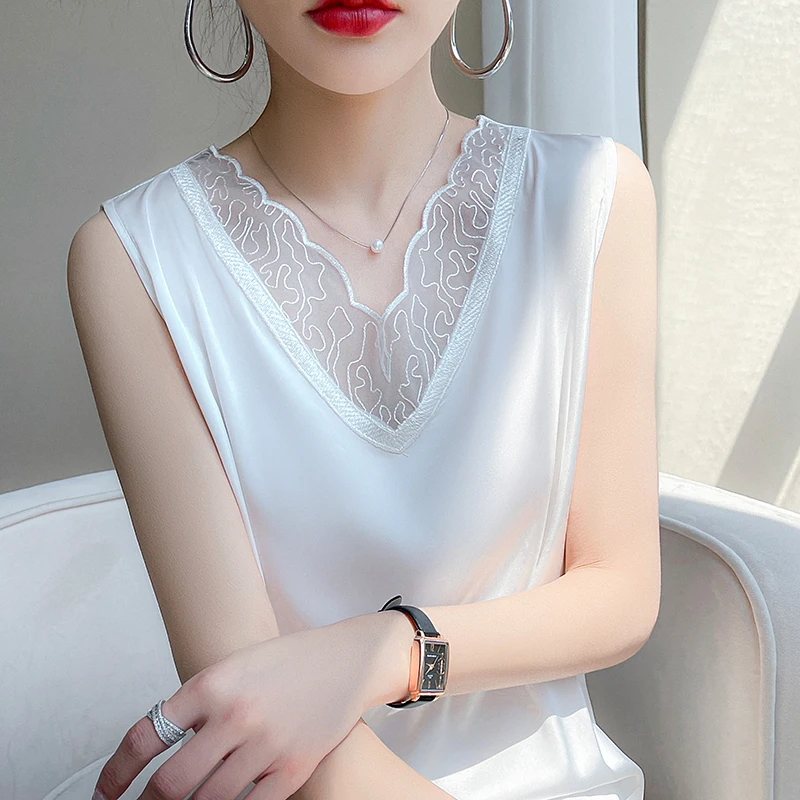 2023 Spring/Summer New Strap Women's Lace Tank Top Acetic Acid Material Top Bottom Solid Sleeveless