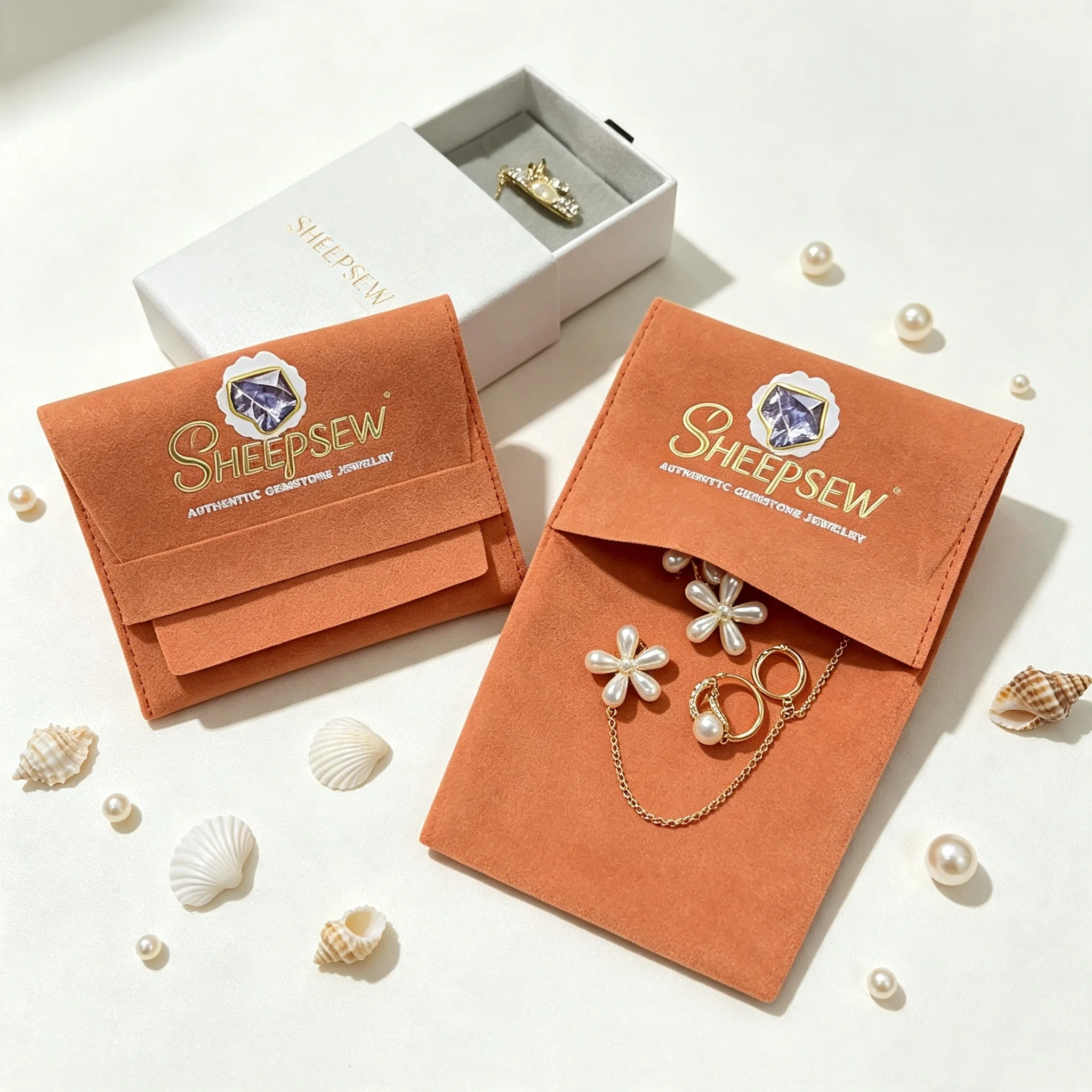 SheepSew Multi Color Custom Printed Suede Velvet Jewelry Packaging Pouch With Box, Custom Logo Soft Jewellery GifEarring Bracele