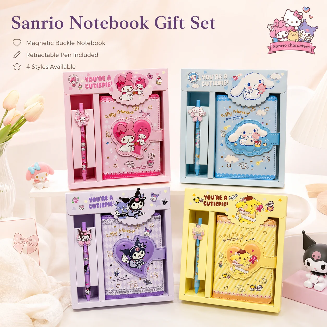 Sanrio Cute Melody Student Magnetic PU Leather Notebook Hand Ledger Notepad With Pen Stationery Gift Set Grid Inner Page Journal