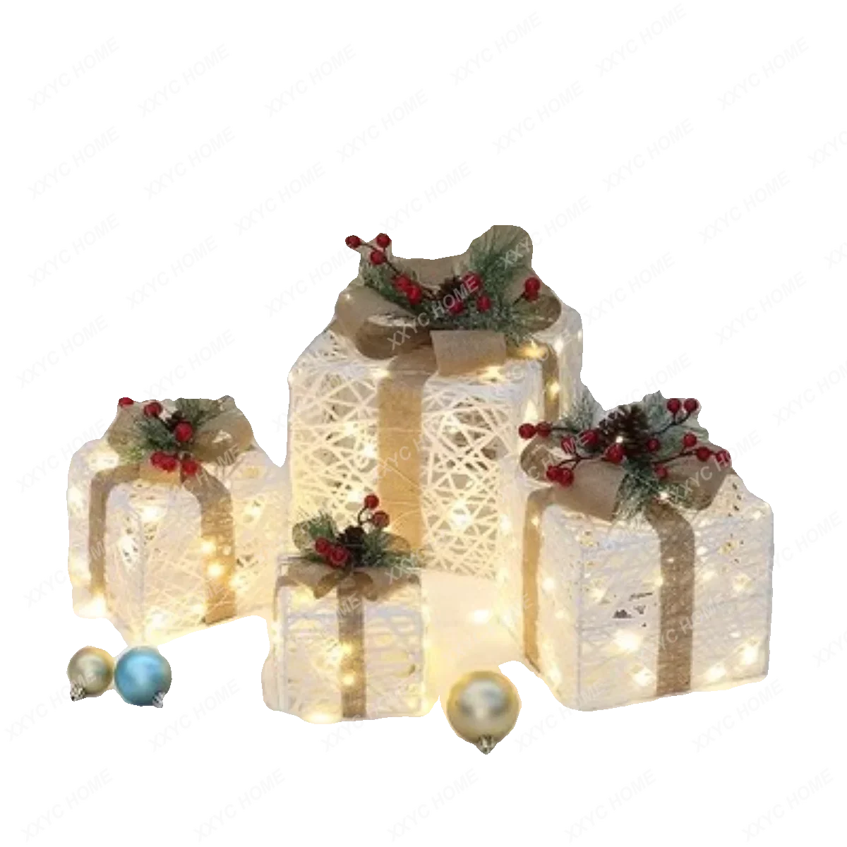 Christmas scene arrangement, luminous big snowman ornament,  hotel window, beautiful gift box props under the Christmas tree