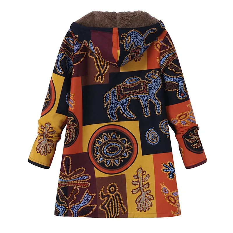 Printed Hooded Long Sleeve Coat Oversized Vintage Women Autumn Winter Warm Plush Jacket Casual Ladies Clothes