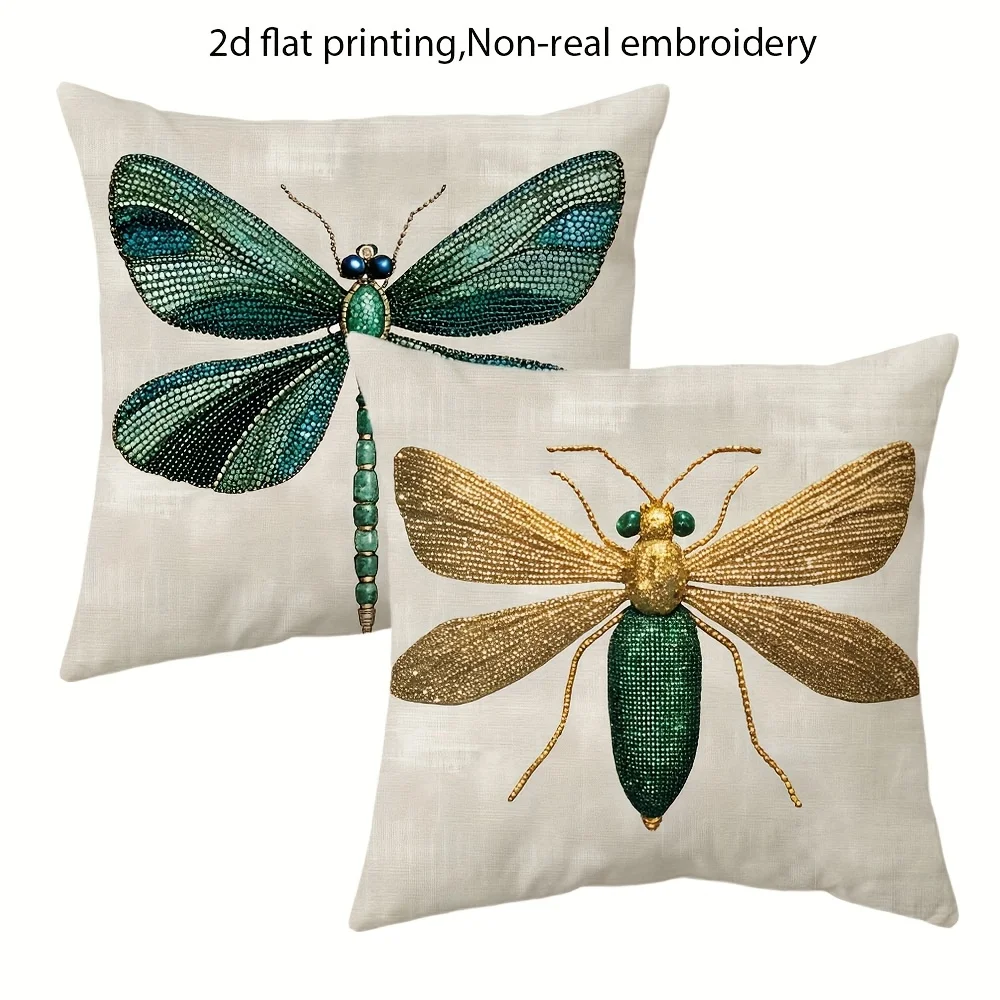 2pcs Luxury Jeweled Dragonfly Insect Throw Pillow Covers, Cream Textured Decorative Cushion Cases for Bedroom Living Room