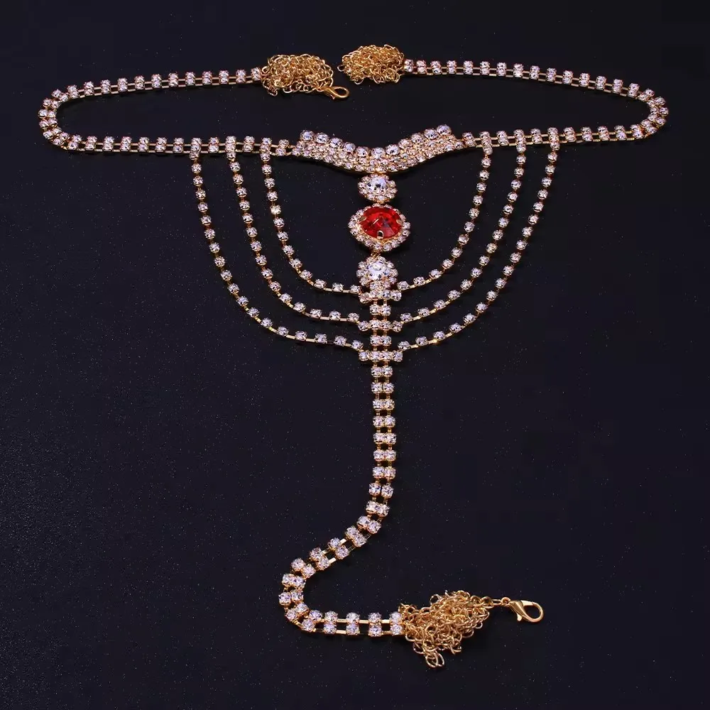

Women's crystal thong and belly chain body jewelry set - sparkling engagement party outfits, fashionable underwear accessories