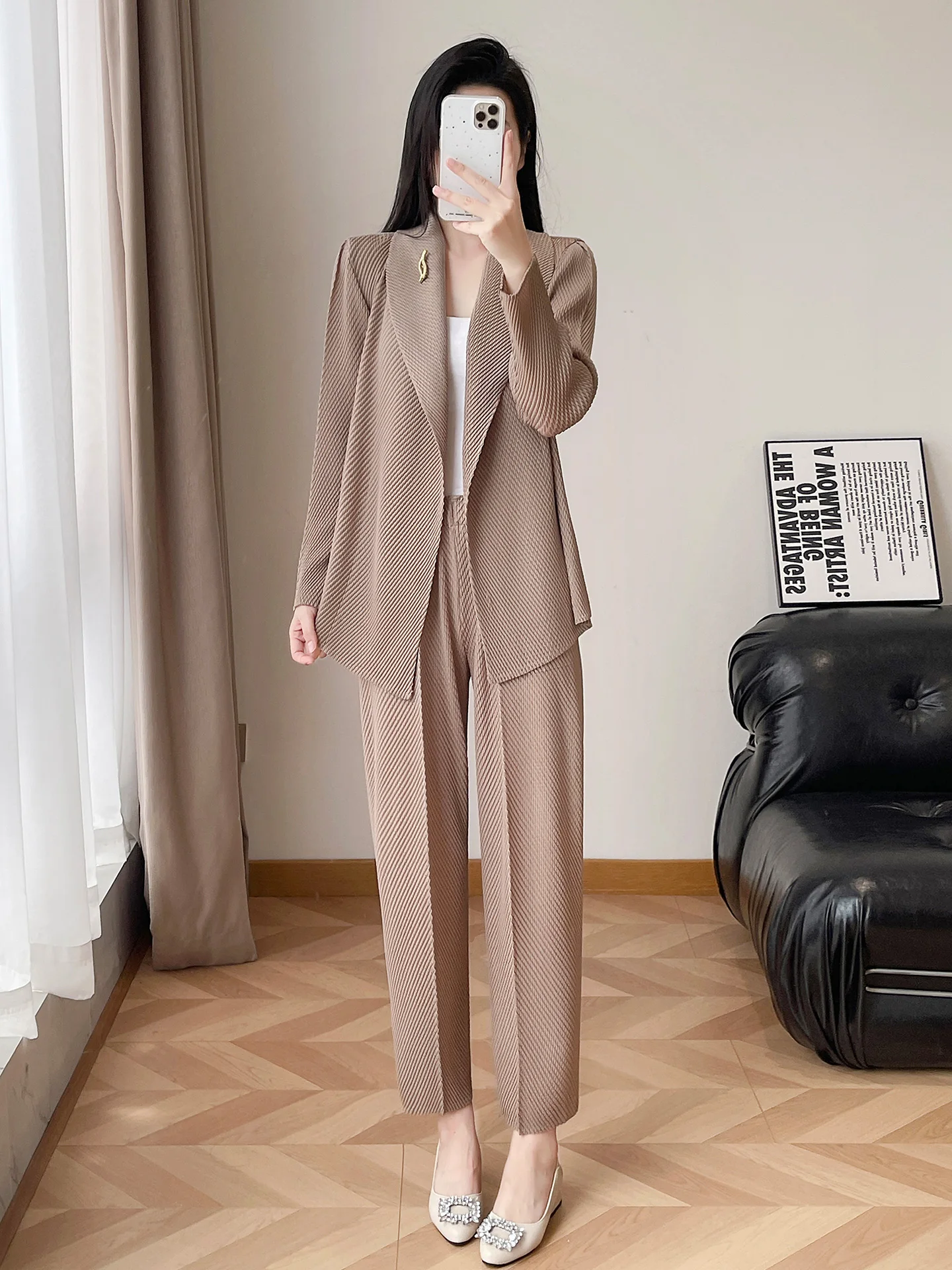 Simple Stripe Suit Set Women's High Waist Harlan Pants Cardigan Two-Piece Set Spring Autumn Slimming Vintage Pleated Fashion