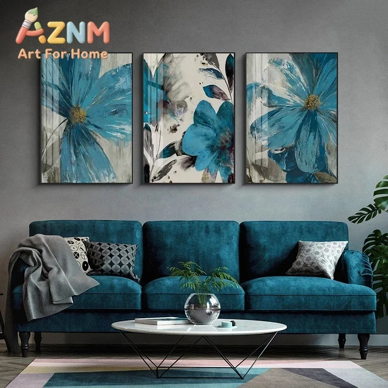 1pc frameless Blue Paint Flowers Canvas Printings Nordic Abstract Poster Blooming Life Botanical Paintings Wall Art Picture Livi
