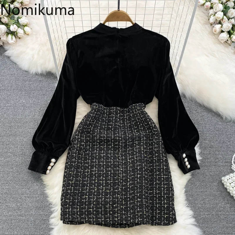 Nomikuma Dresses for Women 2022 Autumn Winter Lantern Sleeve Stand Neck Plaid Chic Vestido Feminino Vintage Fashion Robe Femme