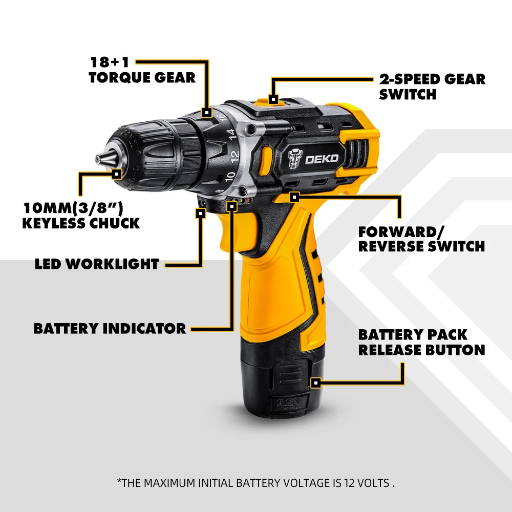 DEKO-SET1 Cordless Drill, 2 Speed chave de fenda elétrica, DIY Mini sem fio Power Driver, DC Lithium-Ion Battery, 3/8 \