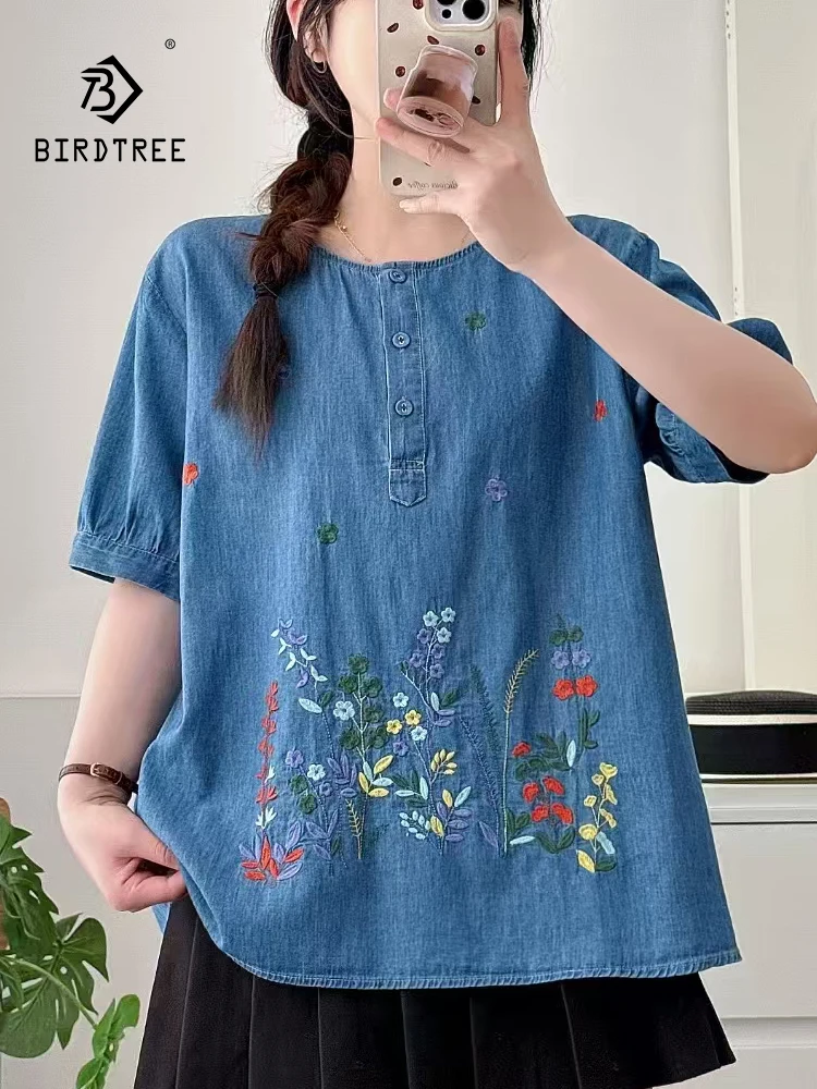 

New 2025 Summer Short Sleeve Denim Shirt, Women Stand Floral Embroidery, Mori Girl Vintage Japan Style OL Loose Blouse T55526CC