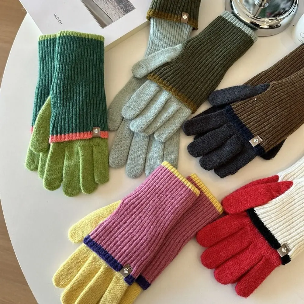 Новые вязаные перчатки с пятью пальцами, длинные рукава, контрастные цветные перчатки с пальцами, сохраняющие тепло, удлиняющие сенсорные перчатки для экрана, осень-зима