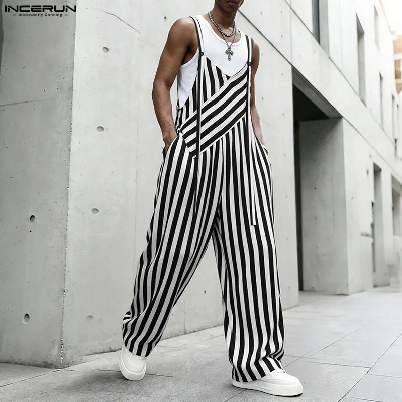 INCERUN Men's Jumpsuits Striped V Neck Sleeveless Straps Rompers For Man Overalls Streetwear Oversize 2026 Fashion Casual Pants view 3