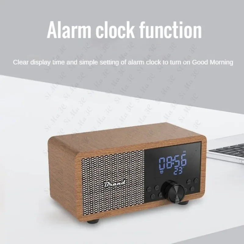 

Wood FM Radio Alarm Clock Speaker Bedside Clock Subwoofer Portable Wireless Bluetooth Speaker with EQ Mode Adjustable Temperatur