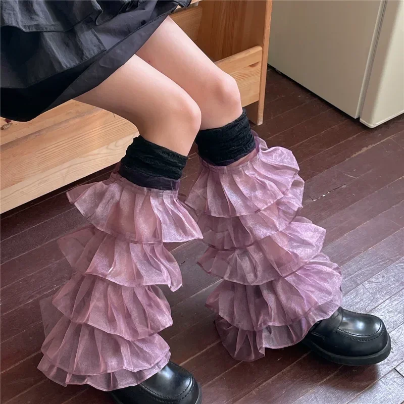 Japonais Sexy femmes sur le genou jambe couverture dentelle volants jambe chaussettes fête Y2K femmes Punk Harajuku jambières JK accessoires