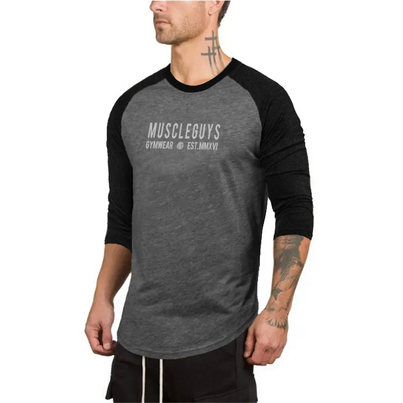 Mens Autumn Cotton Breathable T-shirts Gym Bodybuilding Sport Clothing Three Quarter Sleeve Fitness Tops Slim Fit Casual Shirts