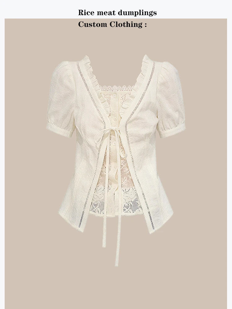 

Gentle Style Fake Two-Piece Short Sleeve Shirt with Lace Trim White Slimming Cotton Blend Women's Casual V-Neck Open Cardigan