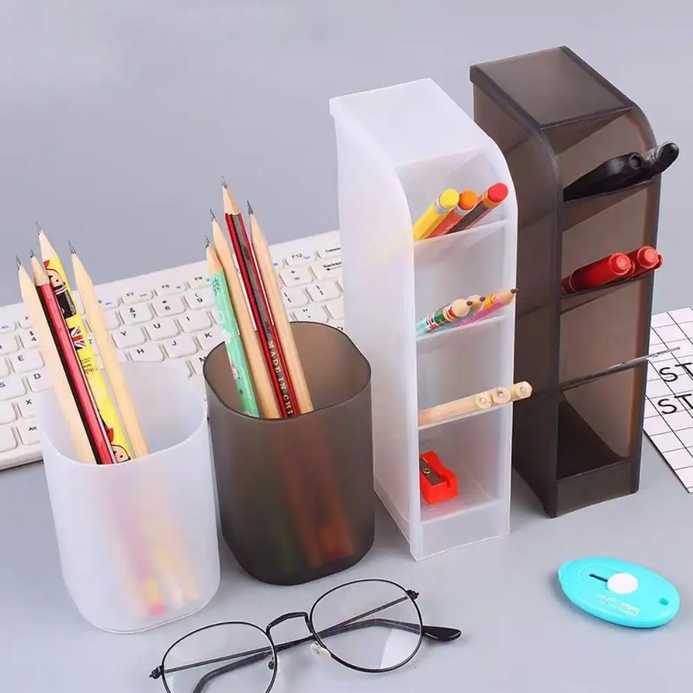 Plastic Pen Holder Frosted Oblique Insertion Desktop Organizer Transparent High-capacity Makeup Brush Storage Bucket