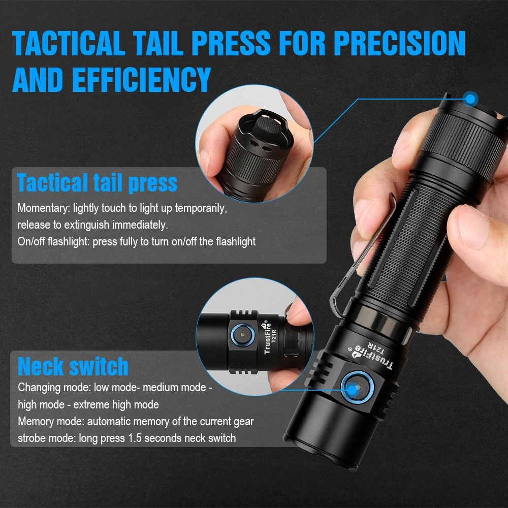 Trustfire T21R Tactical Flashlight 2600Lumen Type C Powerful 21700 Battery High Power Rechargeable Torch Lamp with USB Charging