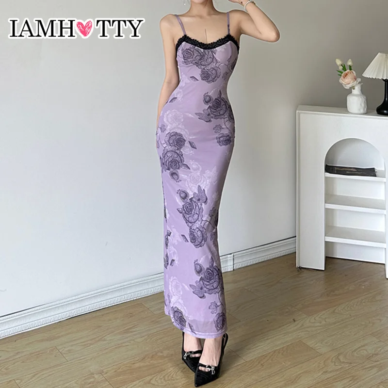 IAMHOTTY Boho Aesthetic Flower Print Straight Long Dress Women Coquette French Style Slim-fitting Contrast Lace Patchwork Robe